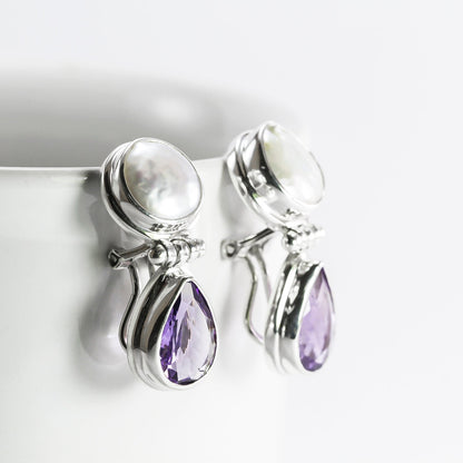 amethyst earrings stud 925 sterling silver with genuine baroque pearl omega closure