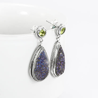 Druzy stud earrings set in 925 sterling silver with genuine peridot, peridot studs earrings dangle