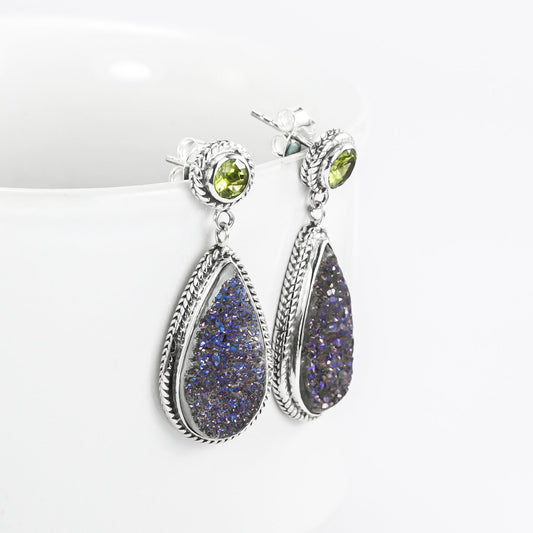 Druzy stud earrings set in 925 sterling silver with genuine peridot, peridot studs earrings dangle