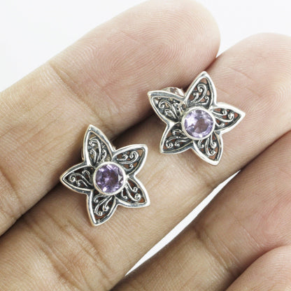 silver flower earrings studs with genuine round 6 mm Amethyst decorated with 925 sterling silver handmade filigree