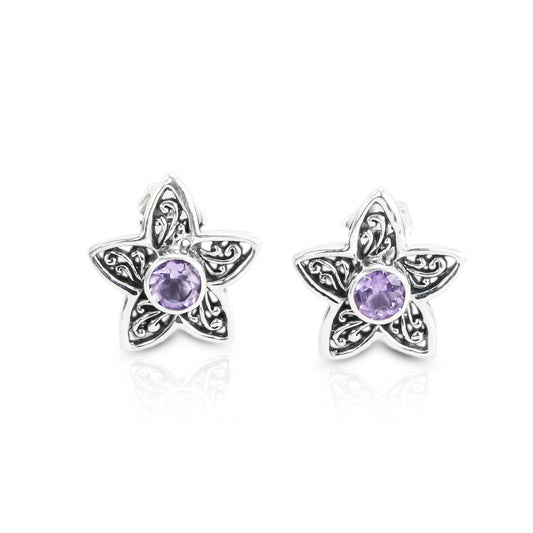 silver flower earrings studs with genuine round 6 mm Amethyst decorated with 925 sterling silver handmade filigree