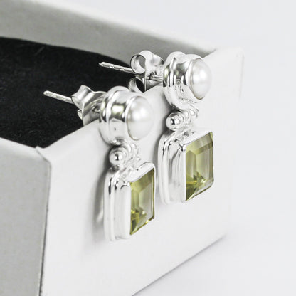 Lemon Quartz Earrings Stud with genuine freshwater pearl set in 925 sterling silver double bezel push back closure