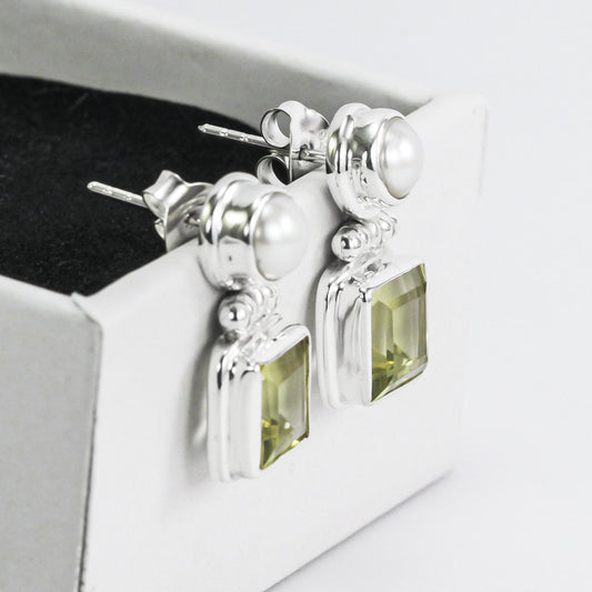 Lemon Quartz Earrings Stud with genuine freshwater pearl set in 925 sterling silver double bezel push back closure