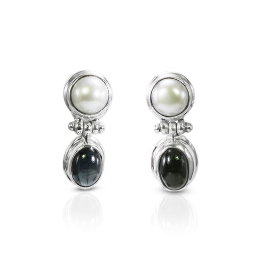 fresh water pearl earrings stud  925 sterling silver with genuine green tourmaline