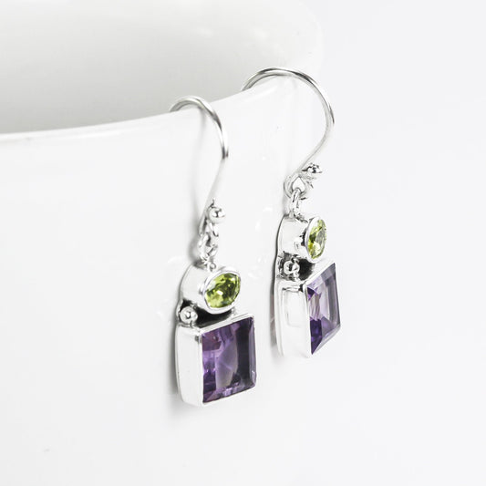 Amethyst earrings with peridot 925 sterling silver dangle drop, two stone earrings