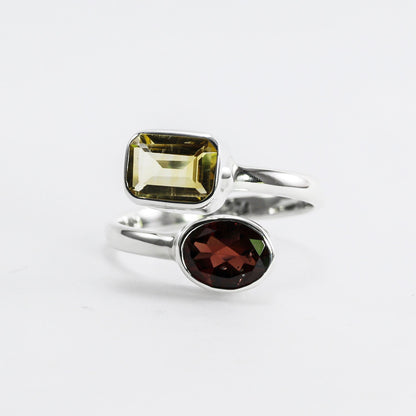 bypass ring with genuine stone set in 925 sterling silver, adjustable promise ring