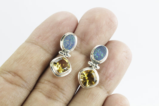 Australian Opal Earrings Studs 925 sterling silver Dangle with Premium yellow Citrine double bezel set and push back closure