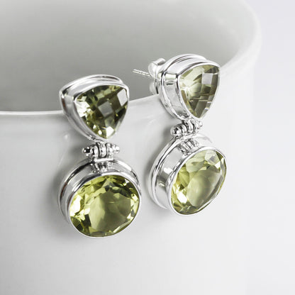Lemon Quartz earrings stud dangle in 925 sterling silver, gems stone stud earrings dangle