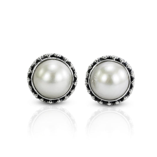 white mabe pearl earrings studs set in 925 sterling silver decorated with filigree art