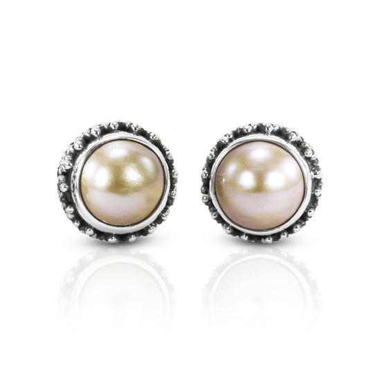 white mabe pearl earrings studs set in 925 sterling silver decorated with filigree art