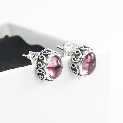 Natural Pink Tourmaline 7*9 mm stud earrings set in 925 sterling silver decorated with cable filigree art