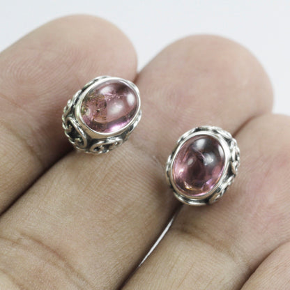 Natural Pink Tourmaline 7*9 mm stud earrings set in 925 sterling silver decorated with cable filigree art