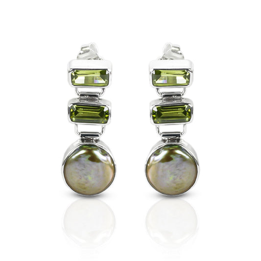Peridot studs earrings set in 925 sterling silver with genuine green biwa, baroque pearl earrings