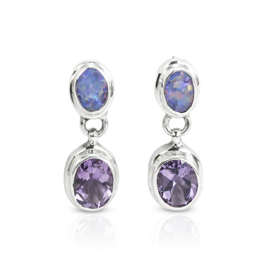 Australian Opal stud earrings with genuine Brazilian Amethyst double bezel set in 925 sterling silver