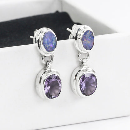 Australian Opal stud earrings with genuine Brazilian Amethyst double bezel set in 925 sterling silver