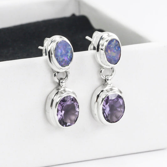 Australian Opal stud earrings with genuine Brazilian Amethyst double bezel set in 925 sterling silver