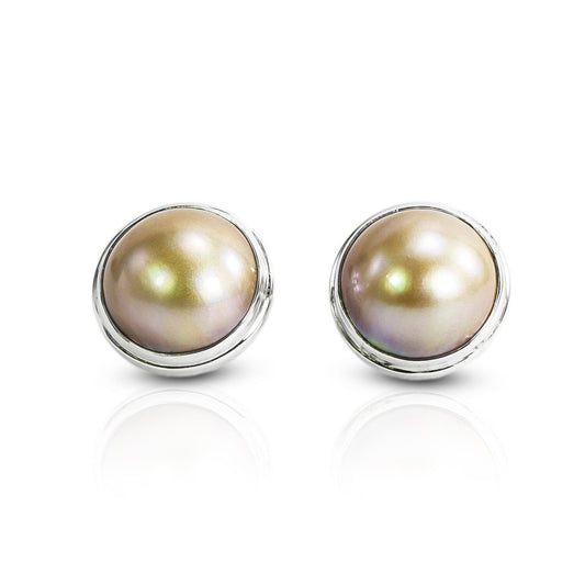 Gold Mabe Pearl stud earrings 925 sterling silver 15 mm Round double bezel set