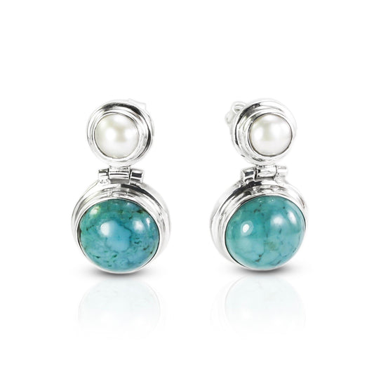 Turquoise earrings stud with fresh water pearl set in 925 sterling silver, multi stone studs earrings dangle