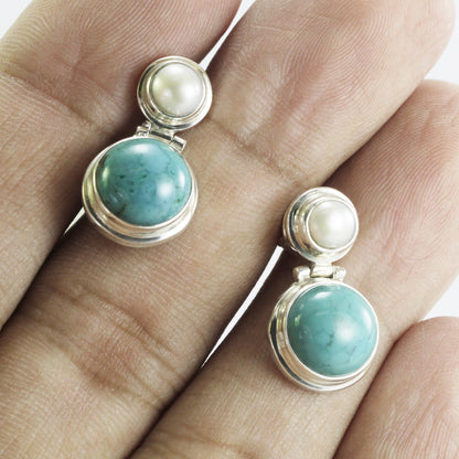 Turquoise earrings stud with fresh water pearl set in 925 sterling silver, multi stone studs earrings dangle