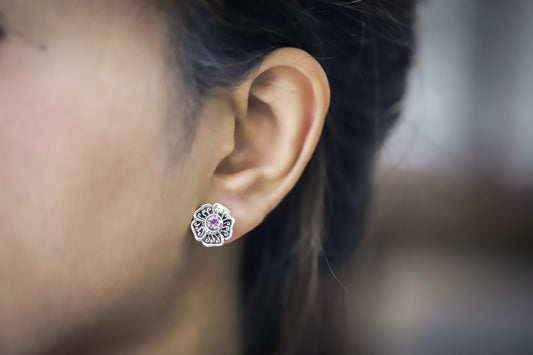 flower earrings studs 925 sterling silver with genuine round 6 mm Amethyst decorated with  filigree ornament