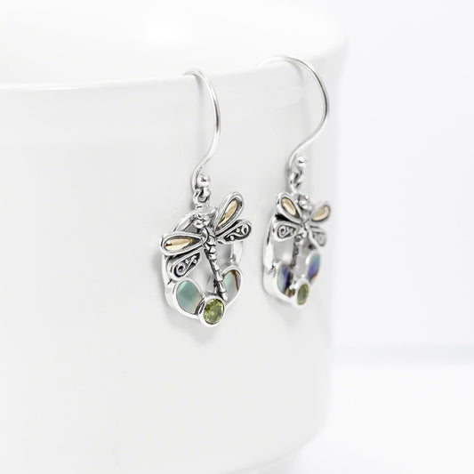 dragonfly earrings 925 sterling silver with 18K gold, genuine green peridot and natural abalone shell