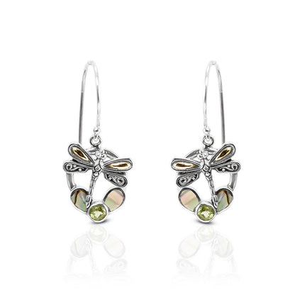 dragonfly earrings 925 sterling silver with 18K gold, genuine green peridot and natural abalone shell