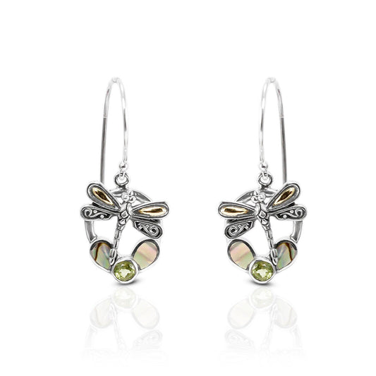 dragonfly earrings 925 sterling silver with 18K gold, genuine green peridot and natural abalone shell