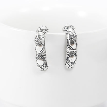 Earrings Hoop 925 sterling silver decorated with rock ornament art and push back closure for women