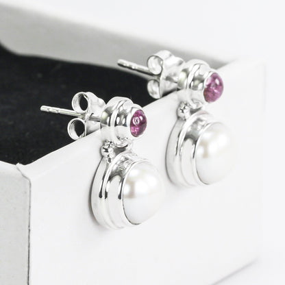 cultured pearl earrings stud fresh water set in 925 sterling silver combine with pink tourmaline