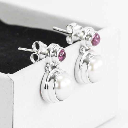 cultured pearl earrings stud fresh water set in 925 sterling silver combine with pink tourmaline