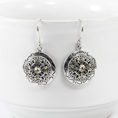 Round earrings 925 sterling silver decorated with filigree ornament and 18 K yellow gold
