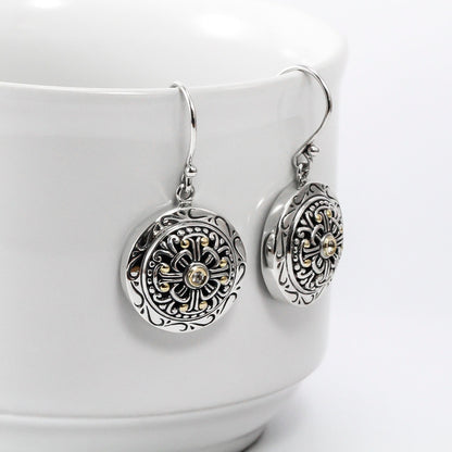 Round earrings 925 sterling silver decorated with filigree ornament and 18 K yellow gold