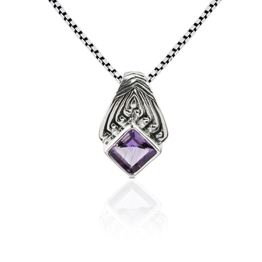 Amethyst Pendant Necklace square bezel set 925 sterling silver, 8*8 mm square amethyst
