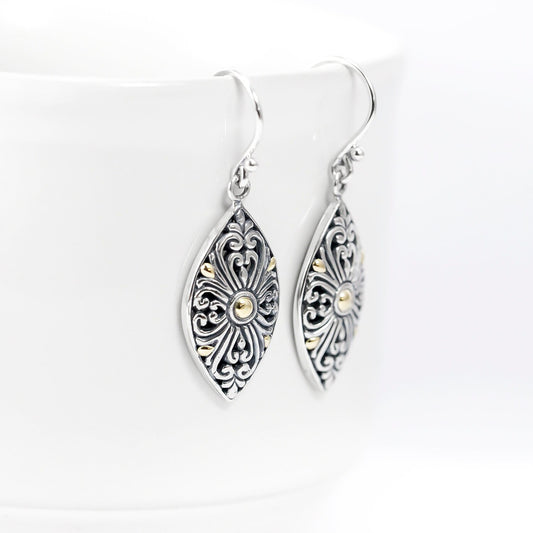 silver filigree earrings dangle decorated with Bali inspired ornament and 18 K gold accent 925 sterling silver