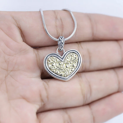 Heart shape pendant necklace in two tone ornament art with 18 K yellow gold and 925 sterling silver