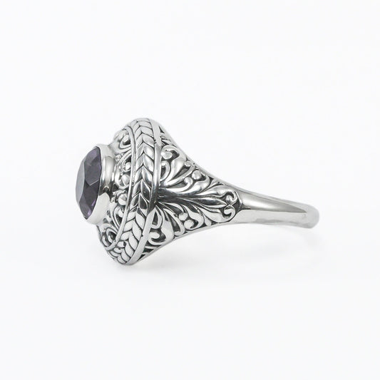Genuine amethyst ring 925 sterling silver decorated with filigree ornament