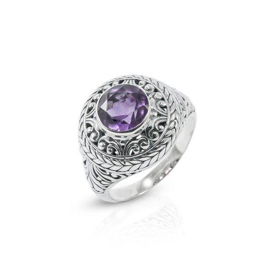 Genuine amethyst ring 925 sterling silver decorated with filigree ornament
