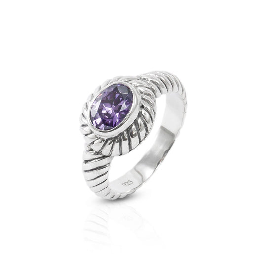 Cable style ring in 925 sterling silver with genuine amethyst