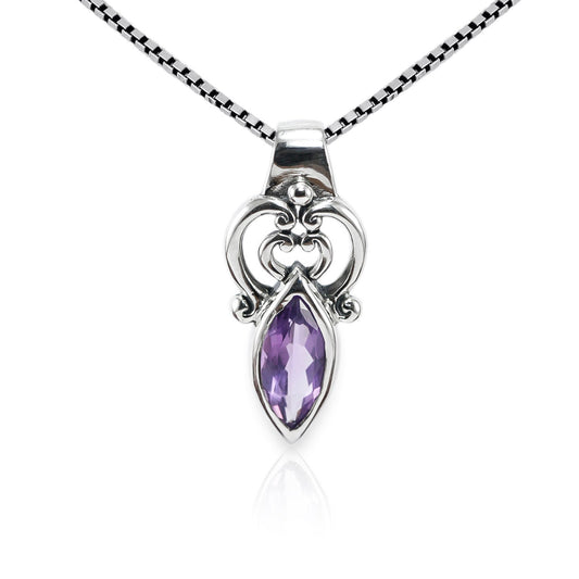 Amethyst Pendant Necklace marquise shape bezel set 925 sterling silver,