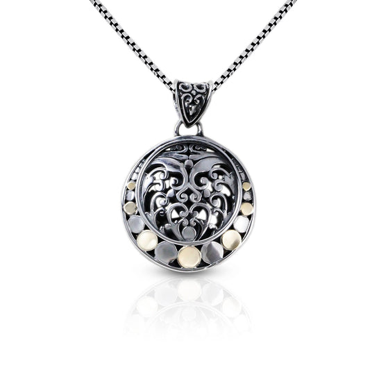 round pendant 925 sterling silver with 18K gold carving decorated with filigree ornament