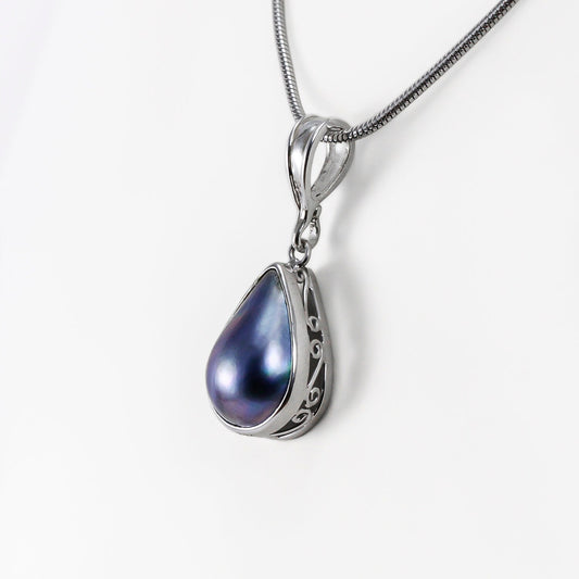 blue mabe pearl pendant necklace tear drop set in 925 sterling silver