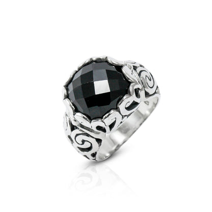 Black onyx ring set in 925 sterling silver decorated with filigree ornament