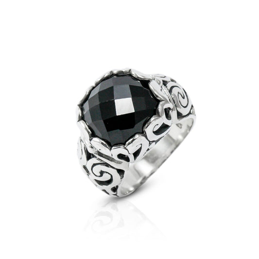 Black onyx ring set in 925 sterling silver decorated with filigree ornament
