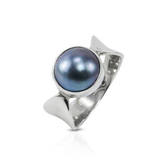 Blue mabe pearl ring 925 sterling silver with unique shank