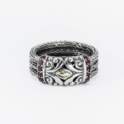 antique ring for women 925 sterling silver decorated with genuine rhodolite and 18K gold