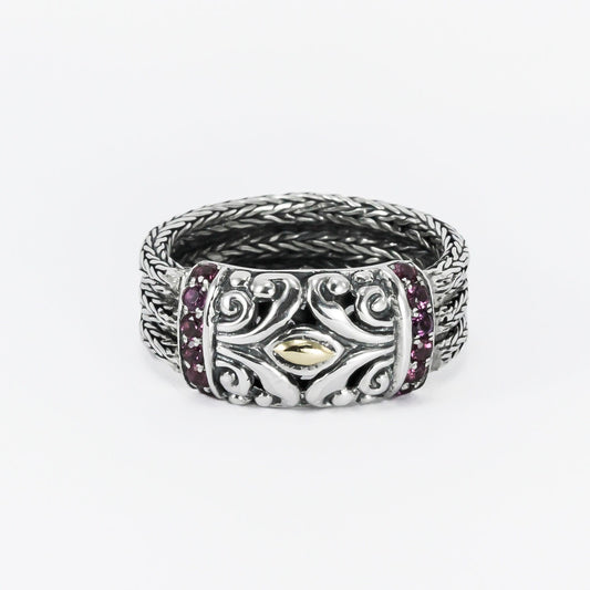 antique ring for women 925 sterling silver decorated with genuine rhodolite and 18K gold