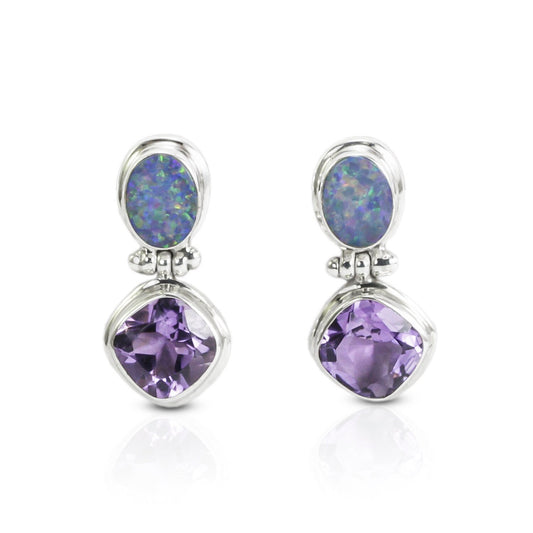 Opal Earrings stud 925 sterling silver with Natural Brazilian Amethyst