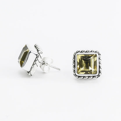 Citrine earrings studs sterling silver 9 mm Square decorated with cable edge bezel set