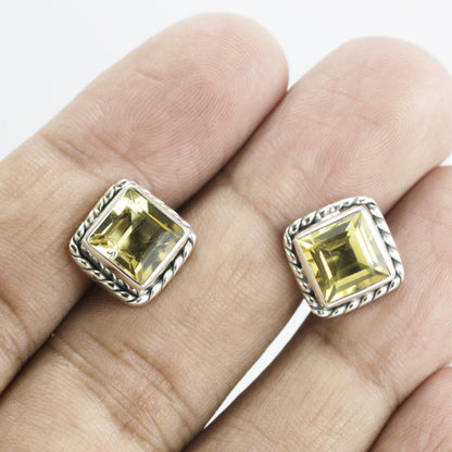 Citrine earrings studs sterling silver 9 mm Square decorated with cable edge bezel set