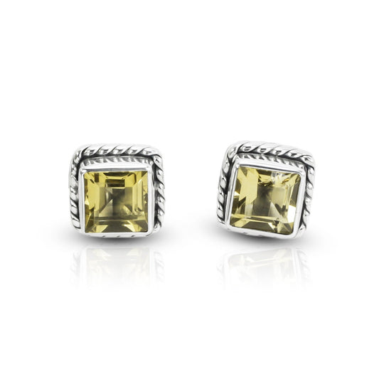 Citrine earrings studs sterling silver 9 mm Square decorated with cable edge bezel set